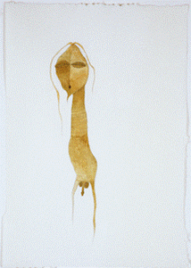 Artwork 'Untitled I (Ancestor Undergoing Mid-Life Crises)' (2004) by Marcia Kure, created with kolanut pigment, ink, watercolor, and pencil.